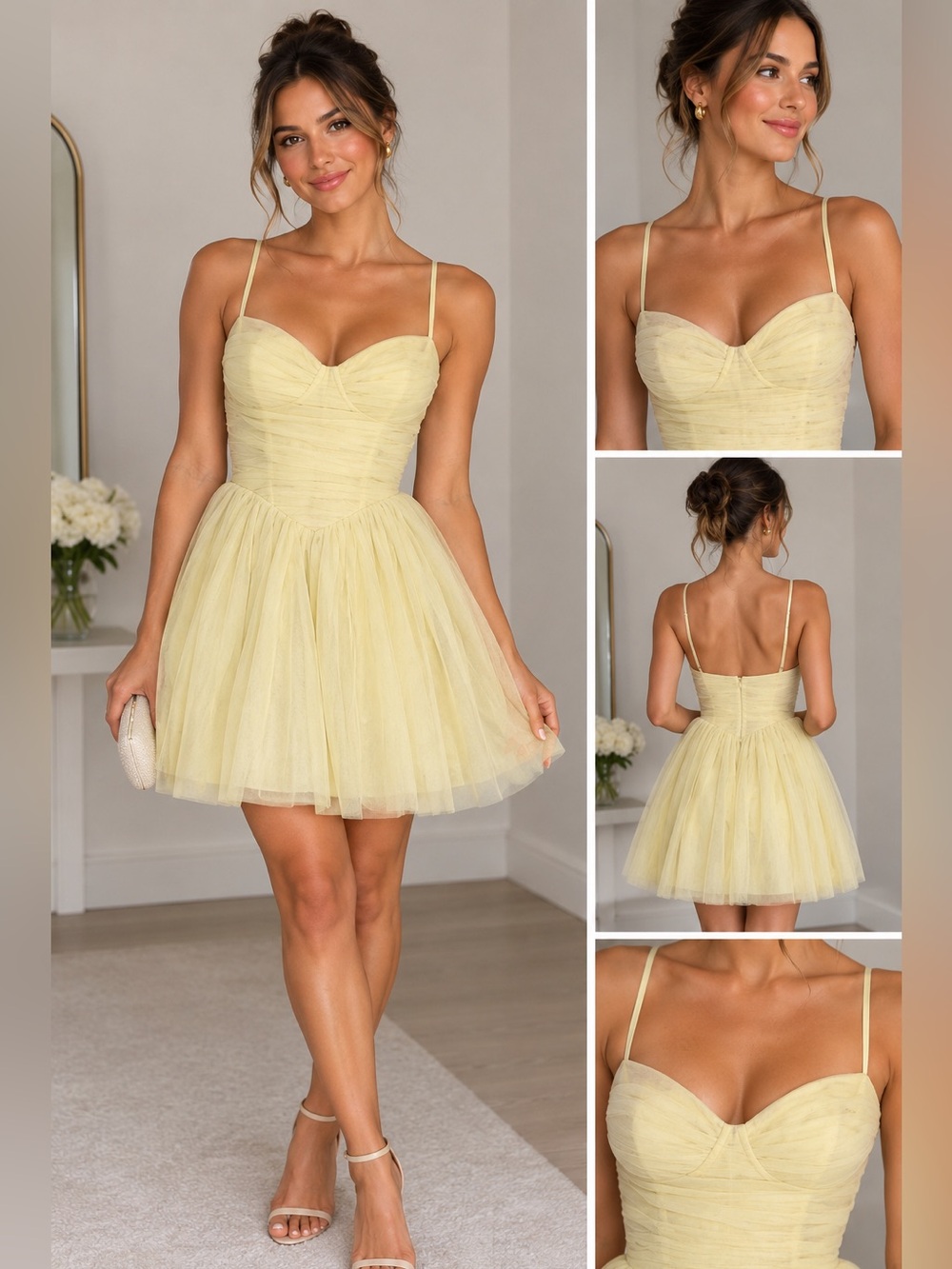 Oh Polly Pale Yellow Tulle Spaghetti Strap Mini Dress Size 2